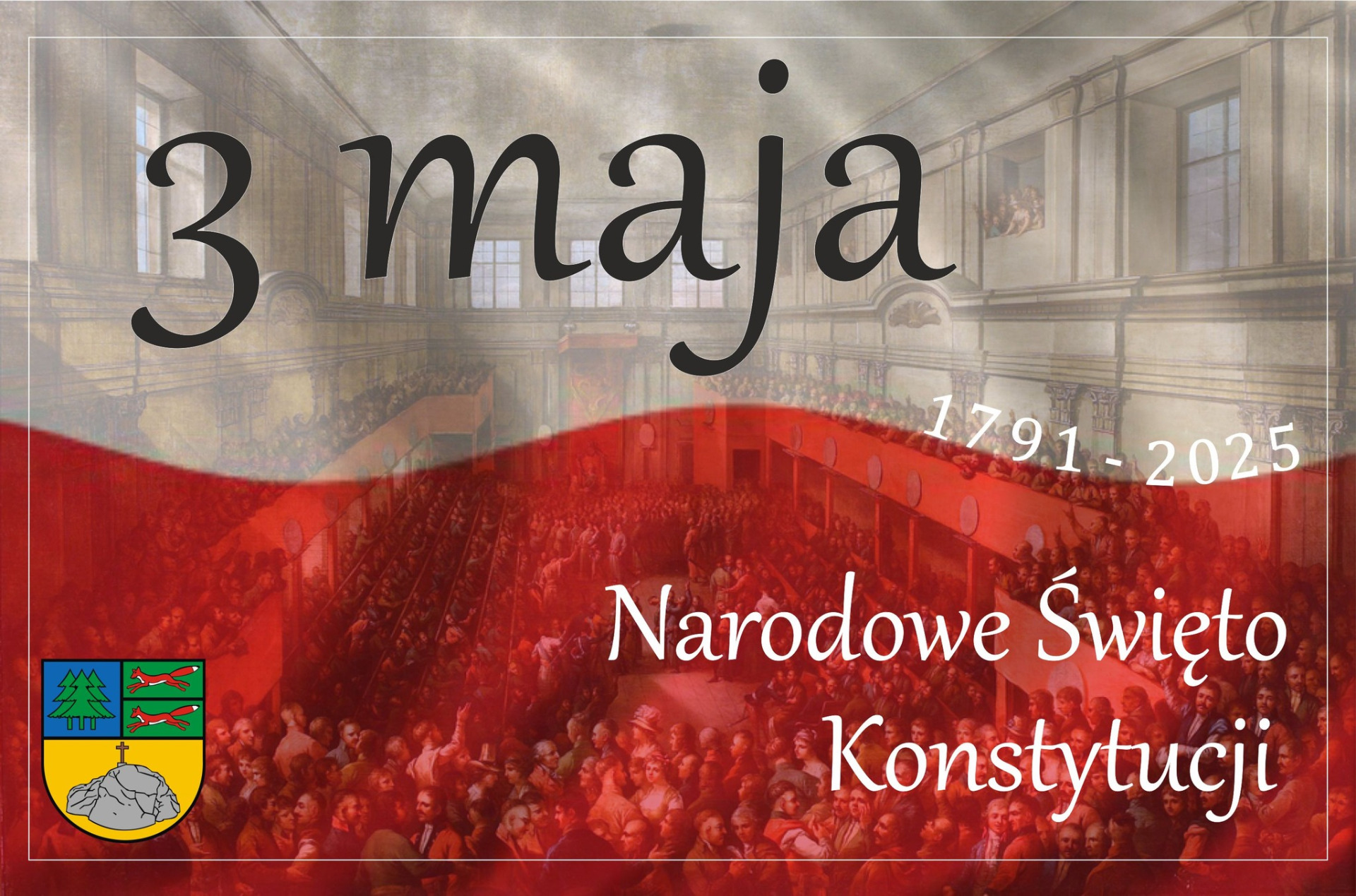 Obraz przedstawia biało-czerwoną flagę na tle obrazu Kazimierza Wojniakowskiego z 1806 roku. W lewym dolnym rogu znajduje się herb Gminy Tychowo.