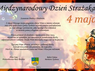Obraz przedstawia strażaka gaszącego pożar. Na obrazku znajdują się życzenia dla strażaków z okzaji Międzynarodowego Dnia Strażaka