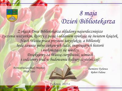 Na obrazku w tle czerwone tulipany, w fioletowej ramce. W środku życzenia dla Bibliotekarzy.