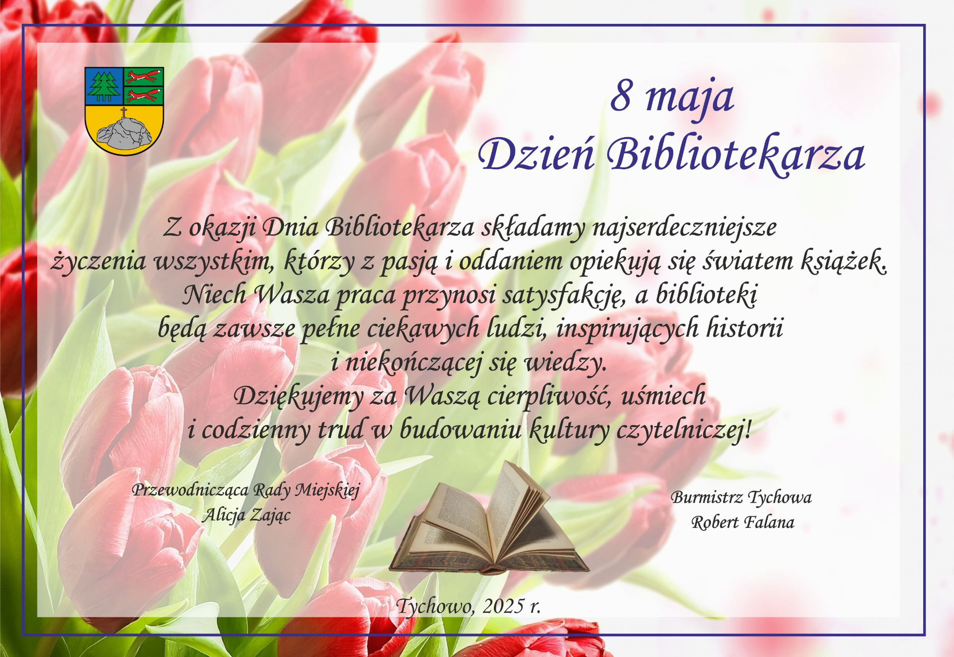 Na obrazku w tle czerwone tulipany, w fioletowej ramce. W środku życzenia dla Bibliotekarzy.