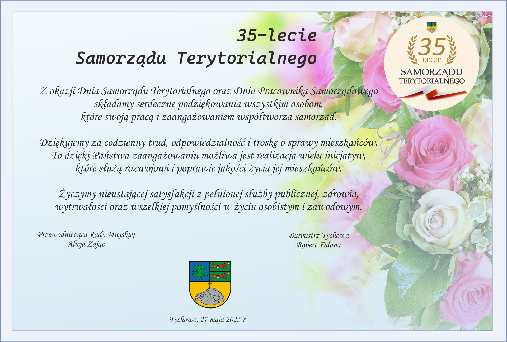 Życzenia z okazji jubileuszu 35-lecia Samorządu Terytorialnego. 