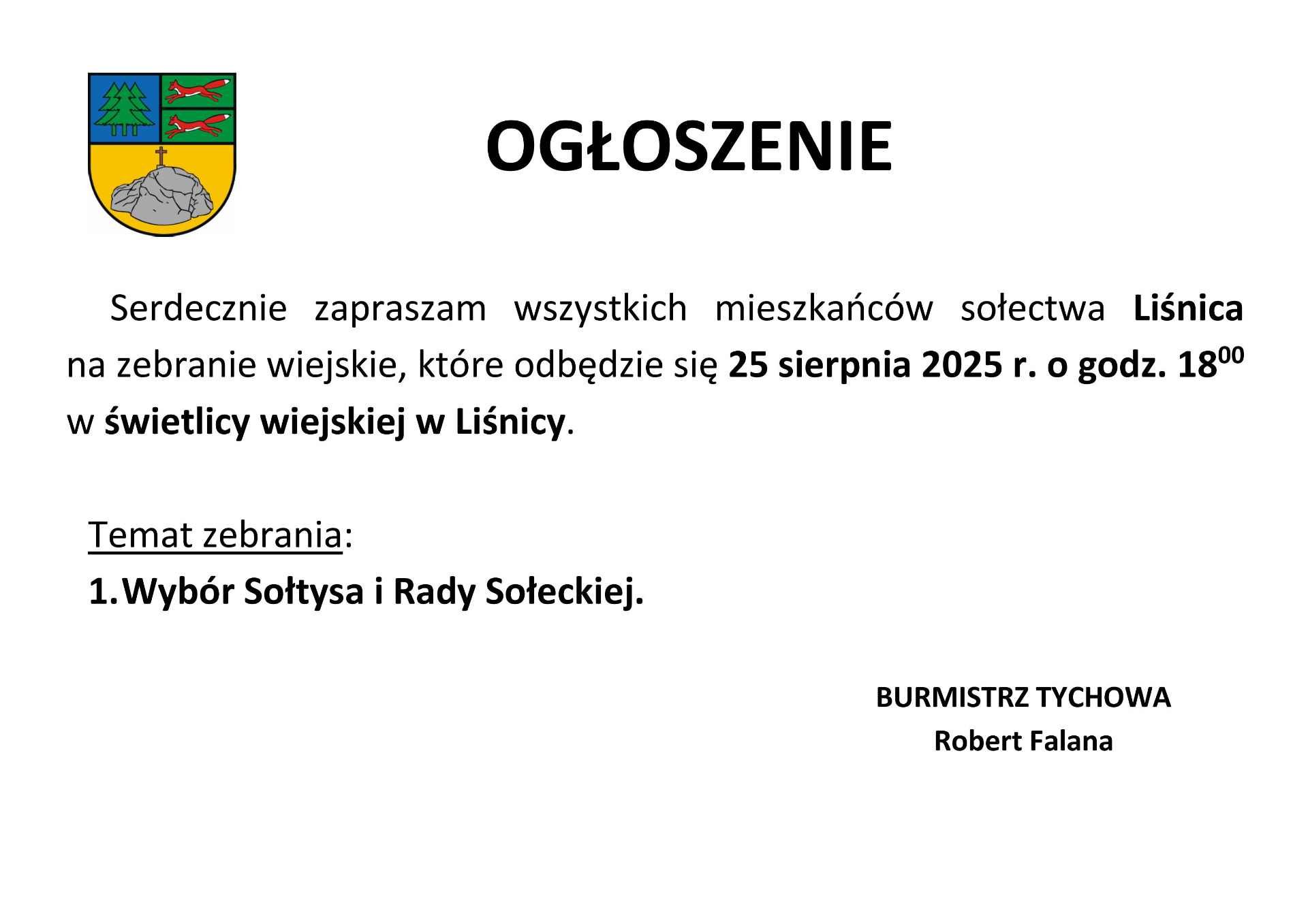 Informacja o zebraniu sołeckim w artykule.
