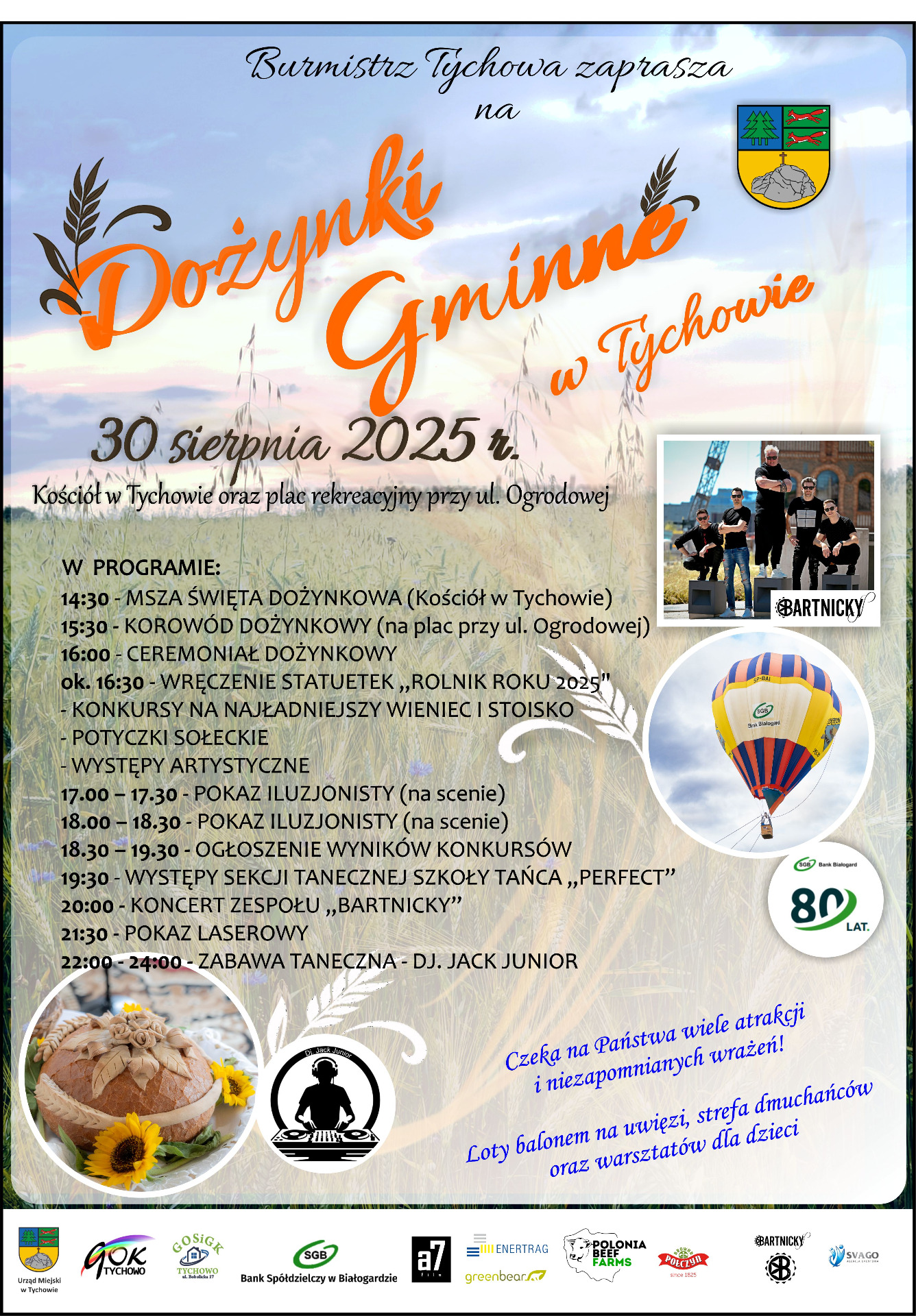 Plakat informujący o Dożynkach Gminnych w Tychowie w roku 2025. Zachęcający do udziału - szczegóły z plakatu znajdują się w artykule.