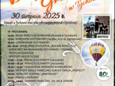 Plakat informujący o Dożynkach Gminnych w Tychowie w roku 2025. Zachęcający do udziału - szczegóły z plakatu znajdują się w artykule.