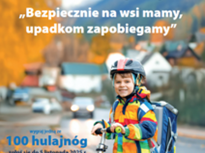 Plakat promujący konkurs w formie kursu e-learningowego pt.: „Bezpiecznie na wsi mamy – upadkom zapobiegamy” dla dzieci rolników ubezpieczonych w KRUS.