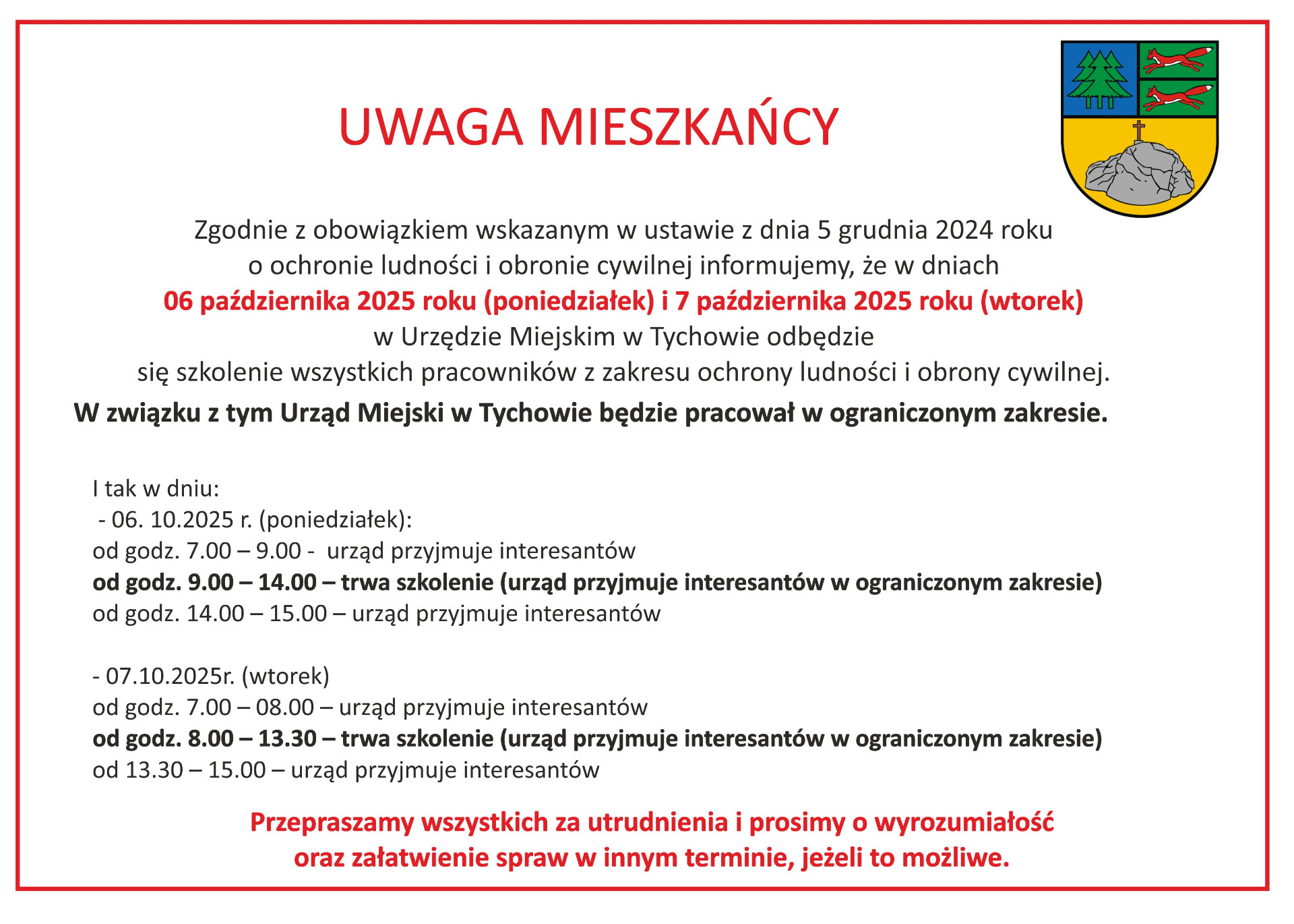 Informacja dotycząca szkolenia wszystkich pracowników z zakresu ochrony ludności i obrony cywilnej.