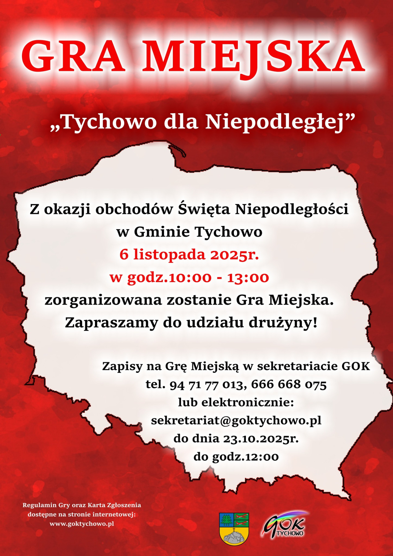 Plakat informujący o Grze Miejskiej w Tychowie z okazji obchodów Święta Niepodległości w Gminie Tychowo.
