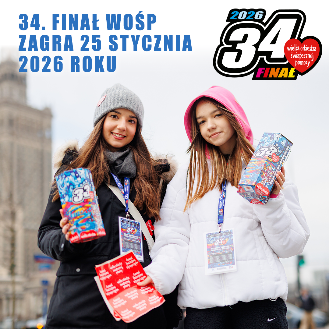 Grafika informująca op 34. Finale Wielkiej Orgkiestry Świątecznej Pomocy.