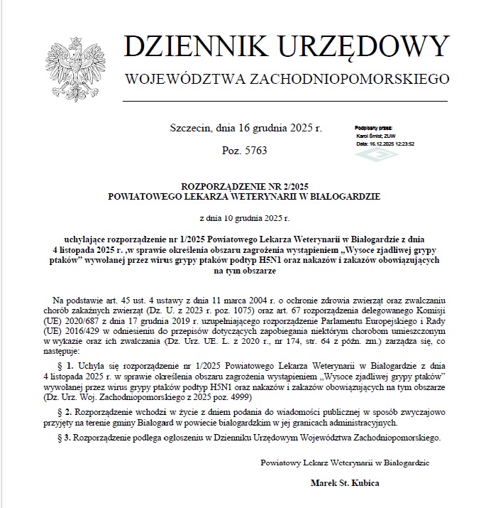 Rozporządzenie uchylające nr 1/2025  w sprawie określenia obszaru zagrożenia wystąpieniem "Wysoce zjadliwej grypy ptaków"