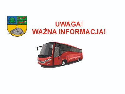 UWAGA! Ważna informacja. Na obrazku herb gminy oraz czerwony autobus.