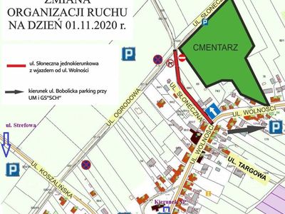 Zdjęcie przedstawia organizację ruchu w okolicy cmentarza w Tychowie w dniu 1 listopada 2020 r.