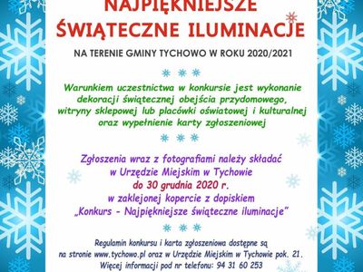 Plakat informujący o ogłoszonym konkursie Burmistrza Tychowa "Najpiękniejsze świąteczne iluminacje na terenie gminy Tychowo" w roku 2020/2021