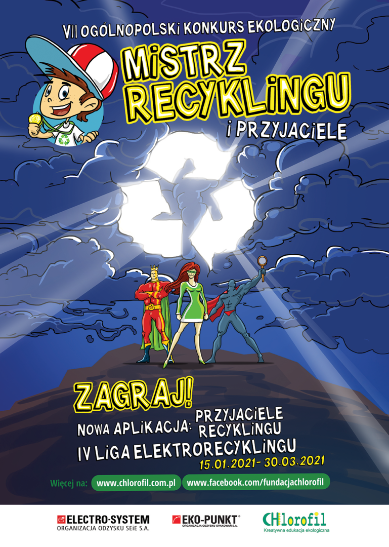 Plakat Mistrz 2021. Plakat informujący o 7 Ogólnopolskim kokursie Ekologicznym.