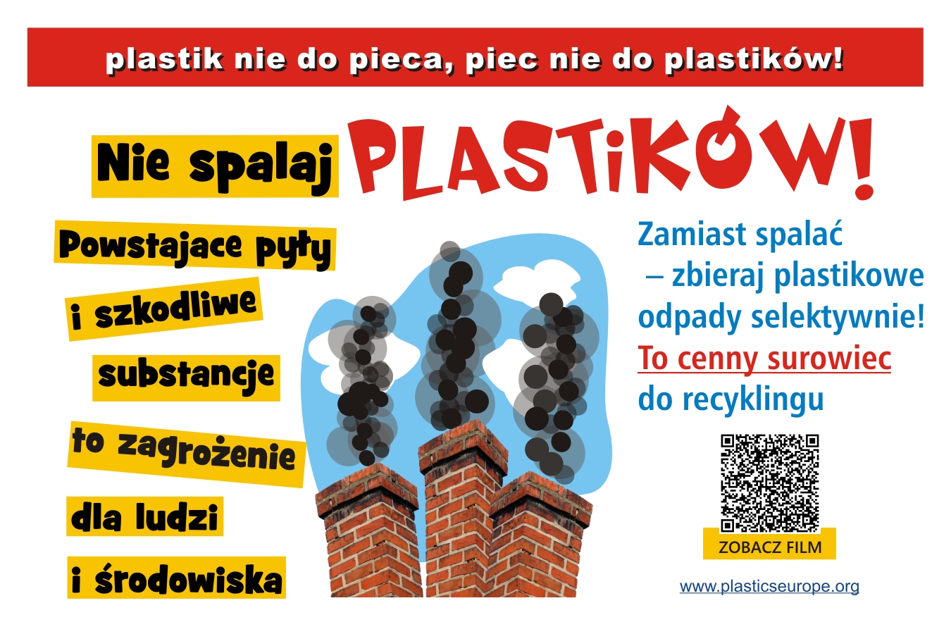 Plakat informacyjny dla mieszkańców aby nie spalać plastików w piecu.