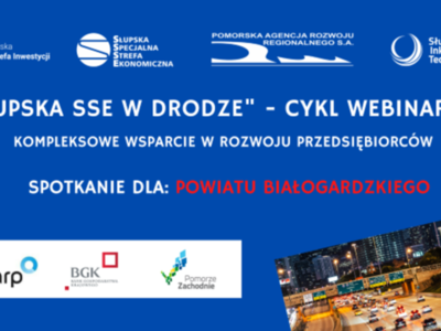 Plakat przedstawiający informację na temat spotkania dla przedstawicieli gmin oraz przedsiębiorców z powiatu białogardzkiego.