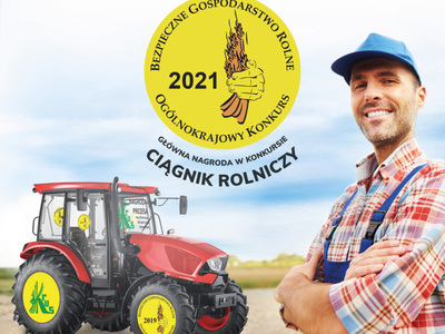 Plakat dotyczący XVIII Ogólnokrajowego Konkursu Bezpieczne Gospodarstwo Rolne.
Na plakacie rolnik oraz ciągnik, w tle pola.
