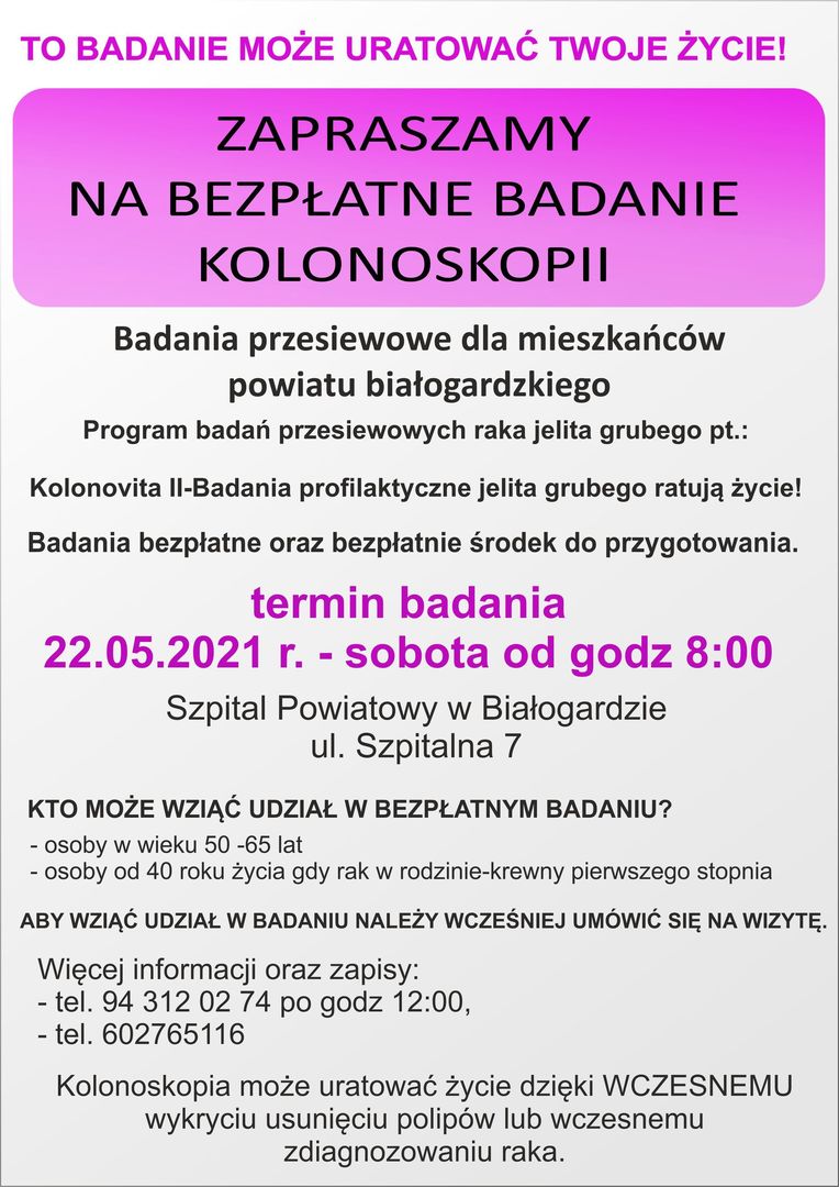 Bezpłatne badanie kolonoskopii dla mieszkańców powiatu białogardzkiego.