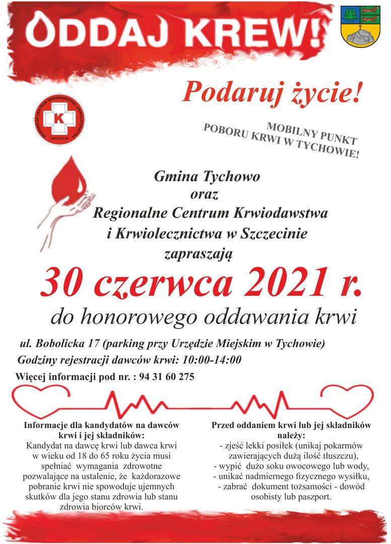Plakat informujący, że 30 czerwca 2021 r. odbędzie mobilny punkt poboru krwi w Tychowie.
