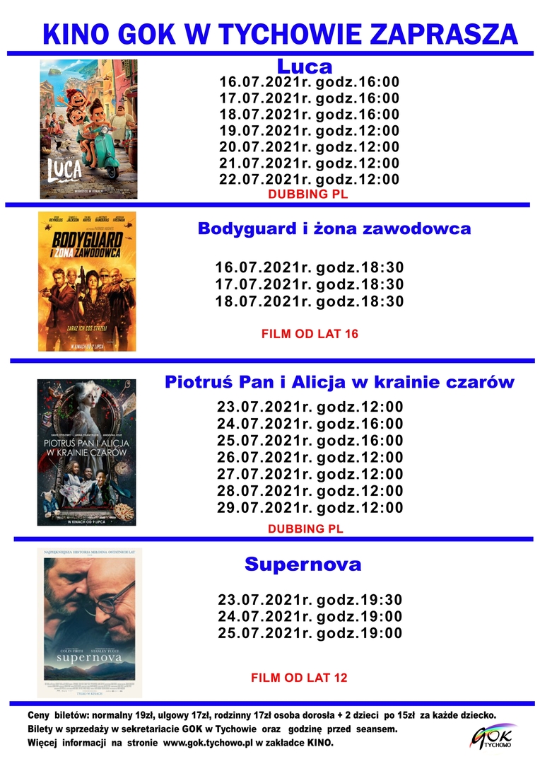Repertuar kina Gminnego Ośrodka Kultury w Tychowie na miesiąc czerwiec.