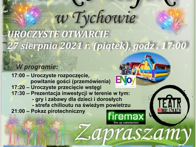 Plakat zapraszający na uroczyste otwarcie Parku Miejskiego w Tychowie.