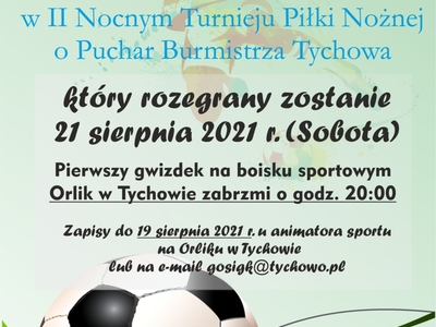 Plakat zapraszający do udziału w II Nocnym Turniej Piłki Nożnej.