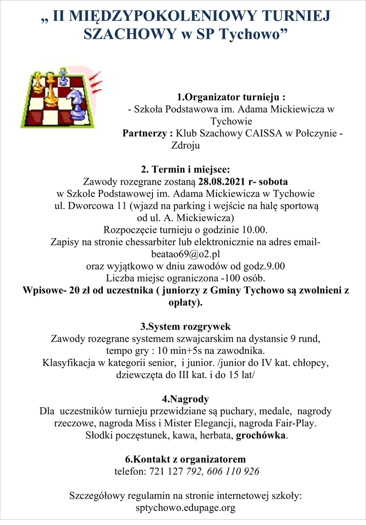 Plakat turniej szachowy w SP Tychowie. 