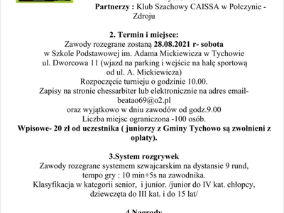 Plakat turniej szachowy w SP Tychowie.