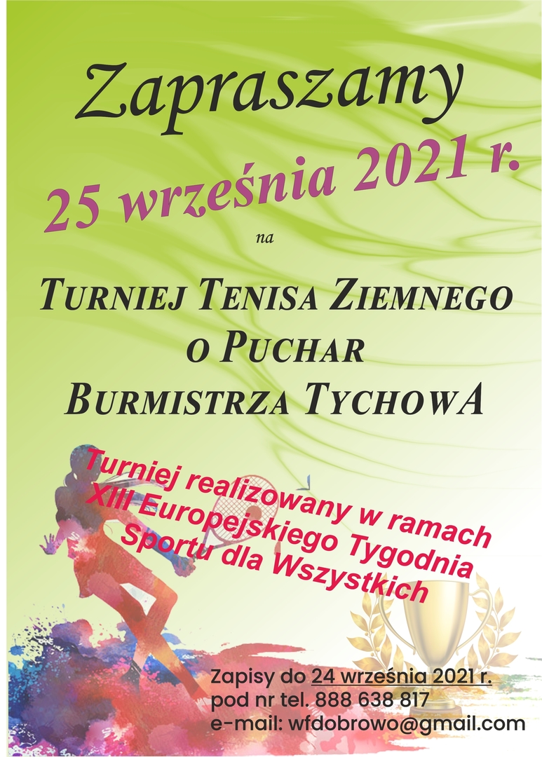 Plakat informujący o turnieju tenisa ziemnego na zielonym tle, tekst w artykule.