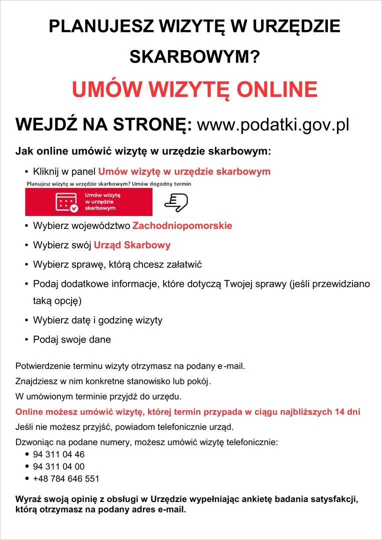 Plakat promujący usługę Umów wizytę w urzędzie skarbowym.