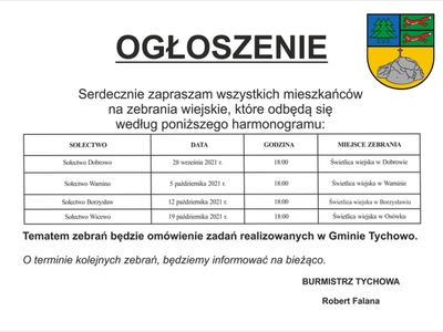 Harmonogram zebrań wiejskich w Gm. Tychowo.