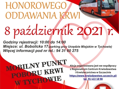 Plakat promujący akcję honorowego oddawania krwi w Tychowie.