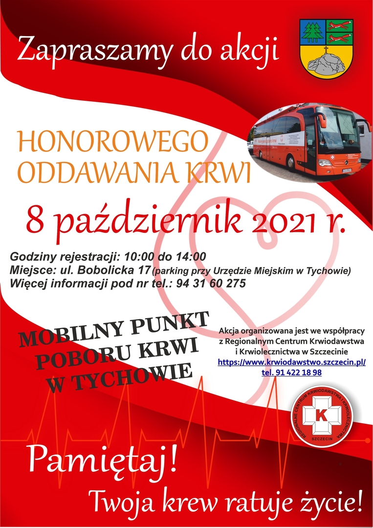 Plakat promujący akcję honorowego oddawania krwi w Tychowie.