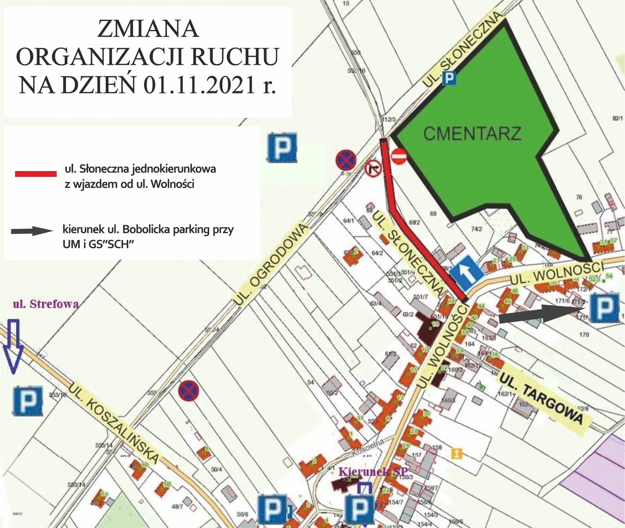 Obraz przedstawia mapę z lokalizacją cmentarza w Tychowie. Oznaczono na nim m. in parkingi oraz organizację ruchu w dniu 1 listopada 2021 r. 