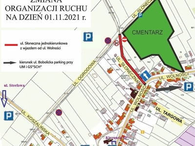 Obraz przedstawia mapę z lokalizacją cmentarza w Tychowie. Oznaczono na nim m. in parkingi oraz organizację ruchu w dniu 1 listopada 2021 r.