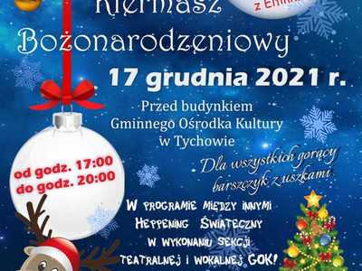 Plakat dotyczący kiermaszu bożonarodzeniowego. Informacje znajdujące się na plakacie podane są poniżej.