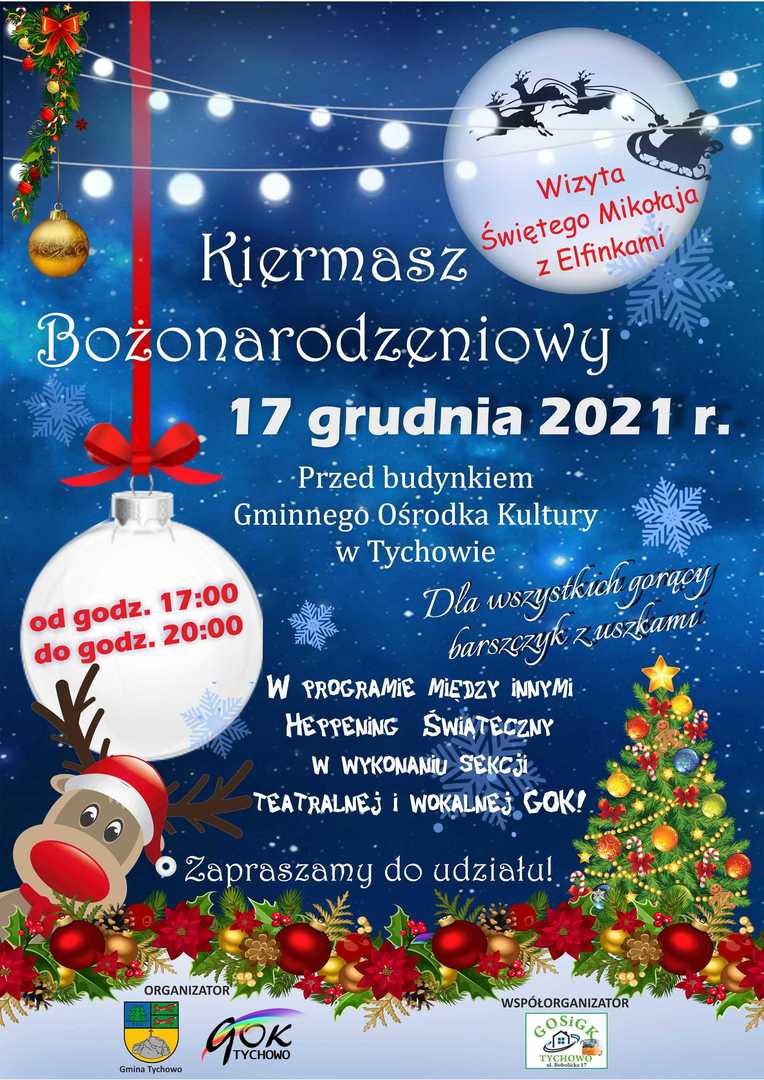 Plakat dotyczący kiermaszu bożonarodzeniowego. Informacje znajdujące się na plakacie podane są poniżej.