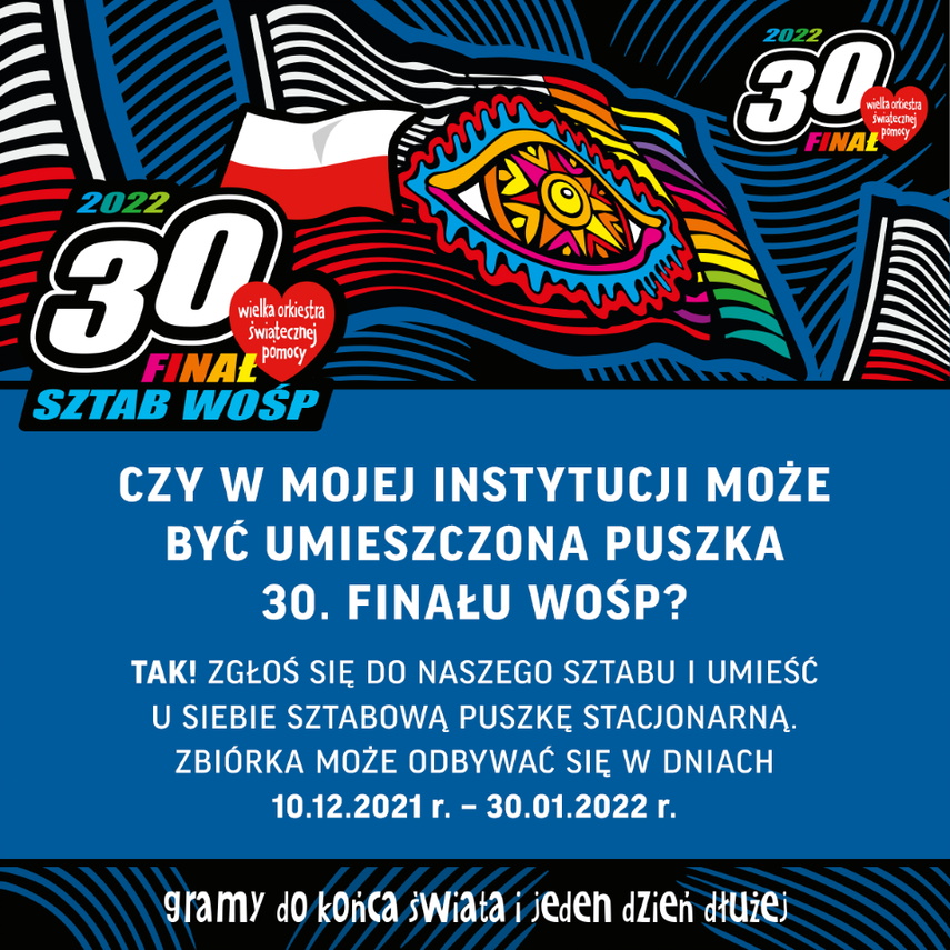 Plakat WOŚP informujący o możliwości założenia puszki stacjonarnej.