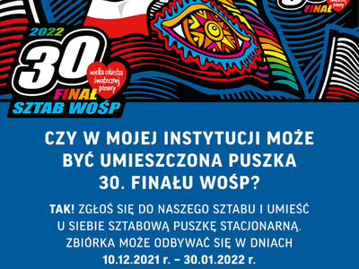 Plakat WOŚP informujący o możliwości założenia puszki stacjonarnej.