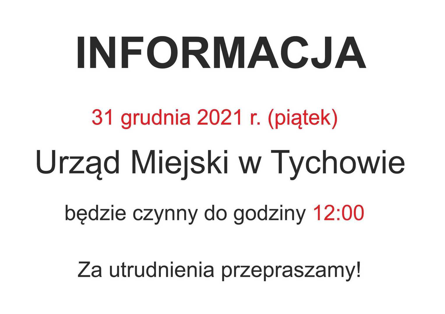 Informacja dotycząca skrócenia godzin pracy urzędu.