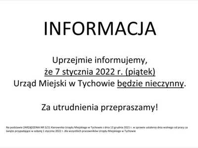 Urząd Miejski w piątek 7 stycznia 2022 r. nieczynny.