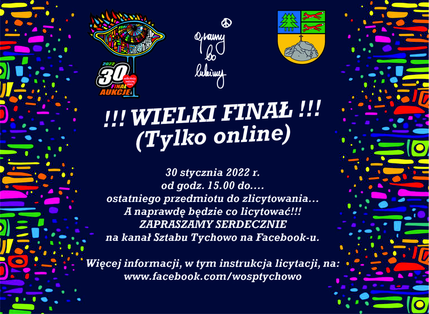 Plakat przedstawiający 30. Finał WOŚP - zapraszający na licytację online