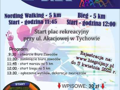Plakat informujący o V Tychowskim Biegu. Regulamin w załączniku.