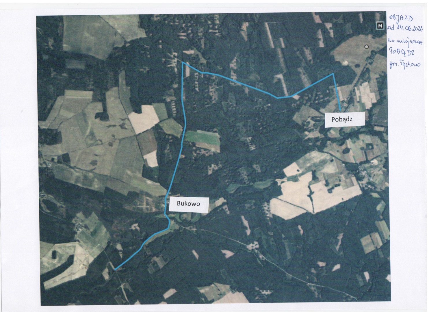 Mapa objazd z Bukowa do Pobądza.