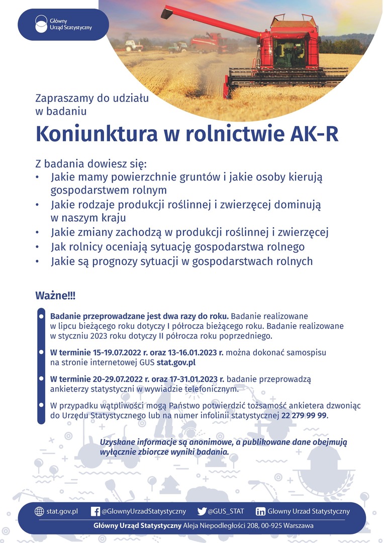 Plakat dotyczący Badanie Koniunktury w Gospodarstwach Rolnych