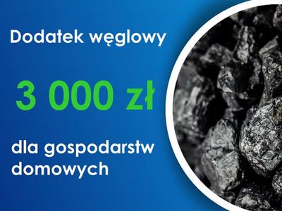 Grafika przedstawia niebieskie tło oraz bryłki węgla. Widnieje również napis dodatek węglowy, 3000 zł dla gospodarstw domowych