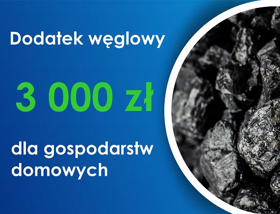 Grafika przedstawia niebieskie tło oraz bryłki węgla. Widnieje również napis dodatek węglowy, 3000 zł dla gospodarstw domowych