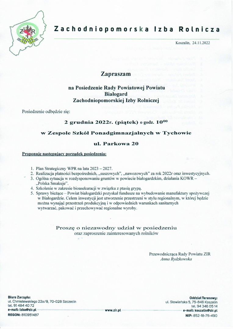 Na zdjęciu list z Zaproszeniem na Posiedzenia Rady Powiatowej Powiatu Białogard Zachodniopomorskiej Izby Rolniczej 2 grudnia 2022r.