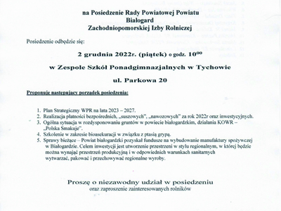 Na zdjęciu list z Zaproszeniem na Posiedzenia Rady Powiatowej Powiatu Białogard Zachodniopomorskiej Izby Rolniczej 2 grudnia 2022r.