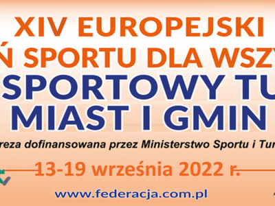 plakat informujący o 28 SPORTOWYM TURNIEJU MIAST I GMIN pod hasłem "Sport dla wszystkich - zdrowie dla każdego"