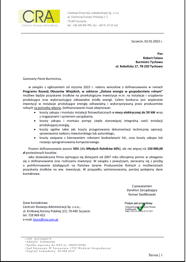 na zdjęciu list do burmistrza Tychowa informujący o naborze na dotacje dla producentów rolnych w zakresie instalacji fotowoltaicznych